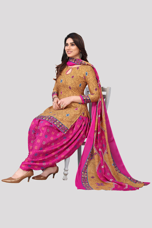 Beige Cotton Blend Printed Unstitched Salwar Suit Material