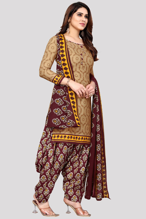 Beige Cotton Blend Printed Unstitched Salwar Suit Material