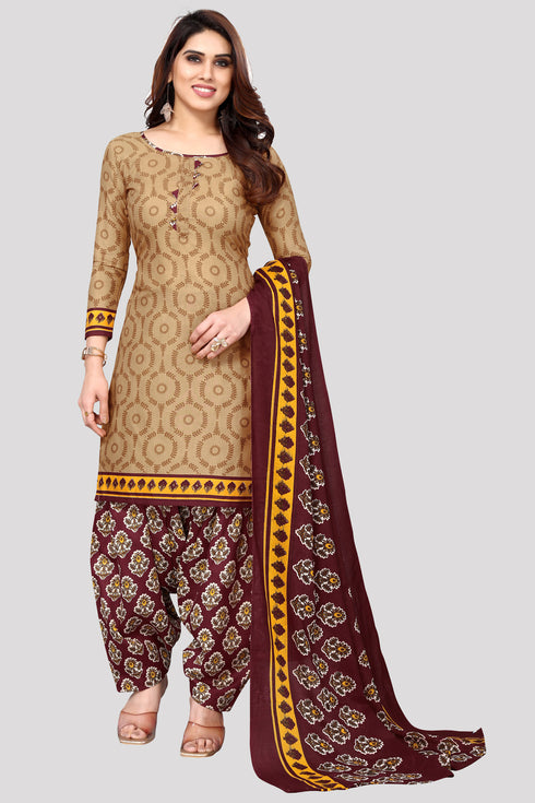 Beige Cotton Blend Printed Unstitched Salwar Suit Material