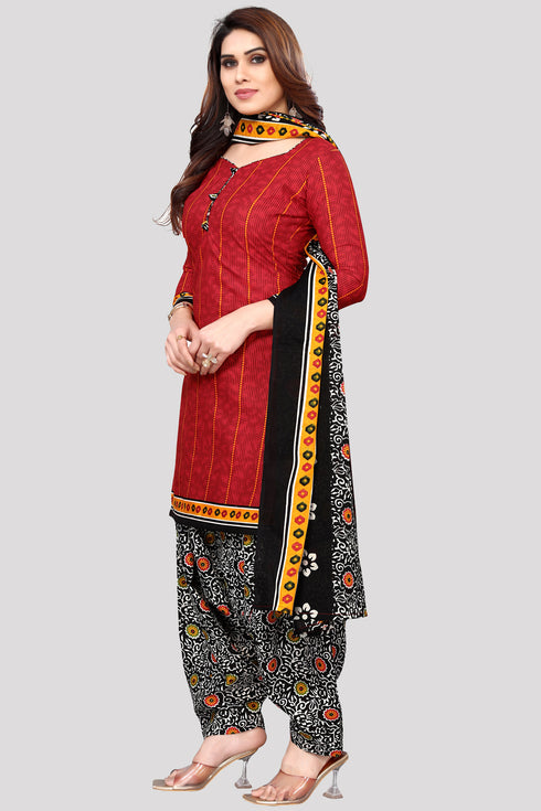 Red Cotton Blend Printed Unstitched Salwar Suit Material
