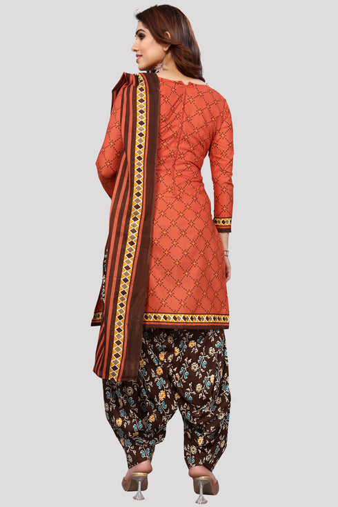 Orange Cotton Blend Printed Unstitched Salwar Suit Material