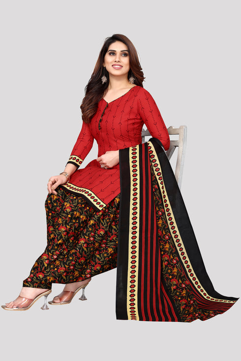 Red Cotton Blend Printed Unstitched Salwar Suit Material