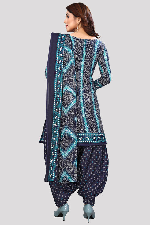 Navy Blue & Teal Green Cotton Blend Printed Unstitched Salwar Suit Material
