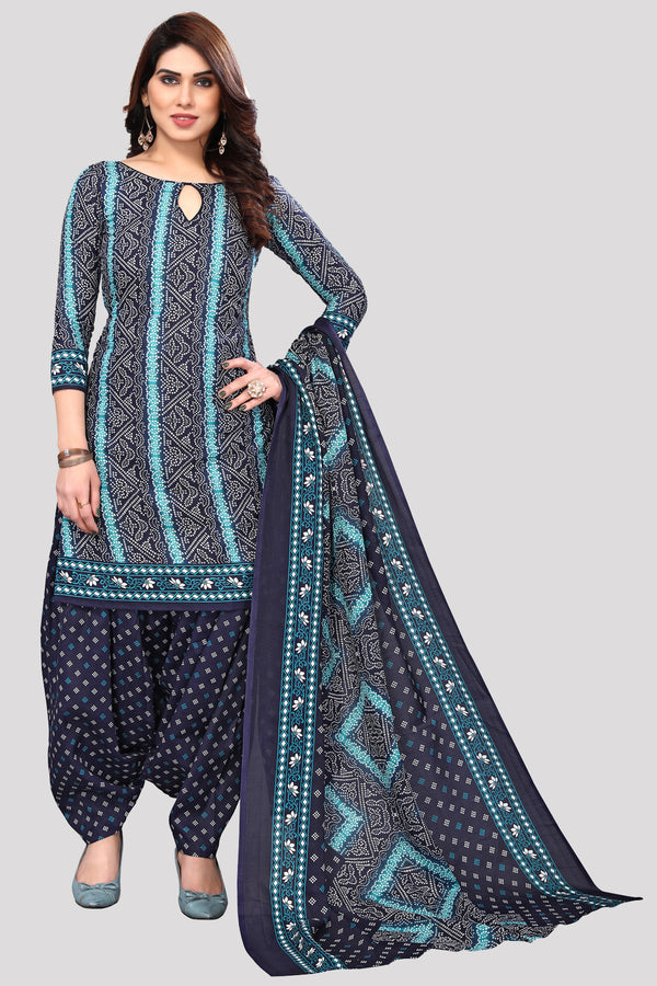 Navy Blue & Teal Green Cotton Blend Printed Unstitched Salwar Suit Material
