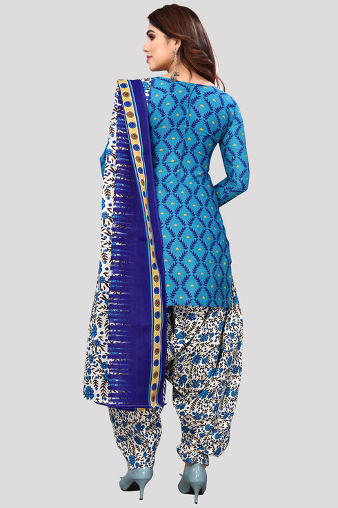 Blue Cotton Blend Printed Unstitched Salwar Suit Material