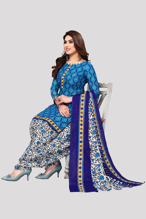 Blue Cotton Blend Printed Unstitched Salwar Suit Material