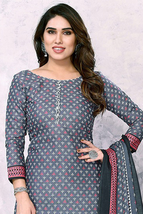 Grey Cotton Blend Printed Unstitched Salwar Suit Material