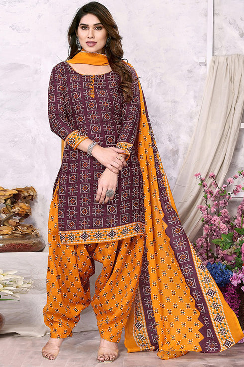 Maroon Cotton Blend Printed Unstitched Salwar Suit Material