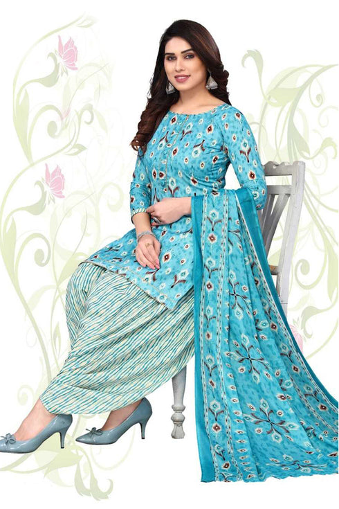 Sky Blue & White Cotton Blend Printed Unstitched Salwar Suit Material