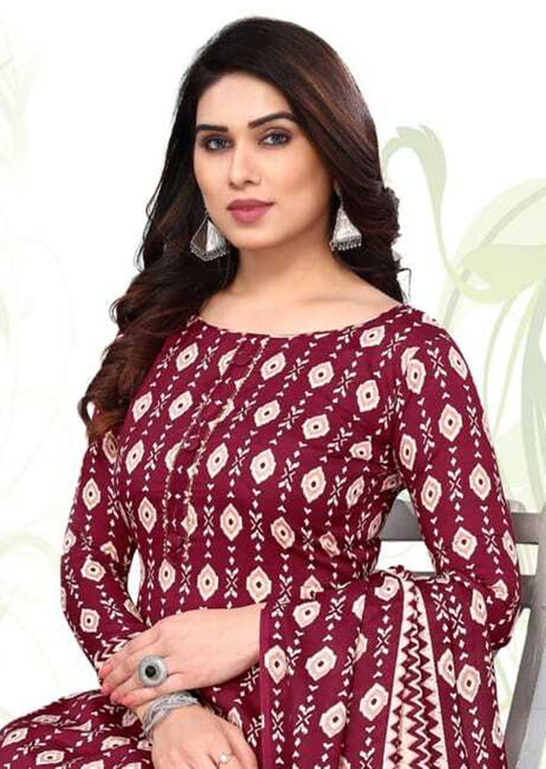 Maroon & Beige Cotton Blend Printed Unstitched Salwar Suit Material
