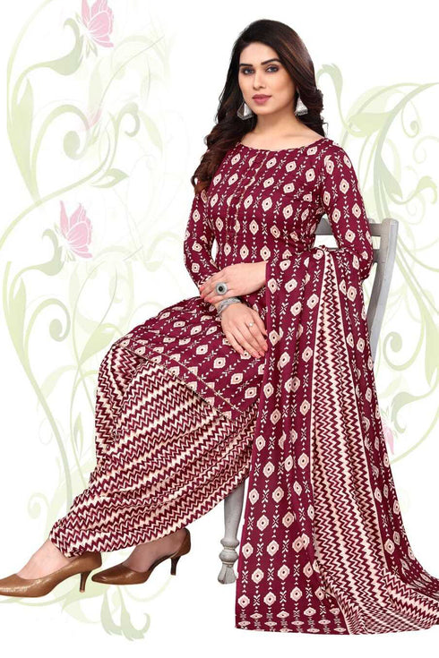 Maroon & Beige Cotton Blend Printed Unstitched Salwar Suit Material