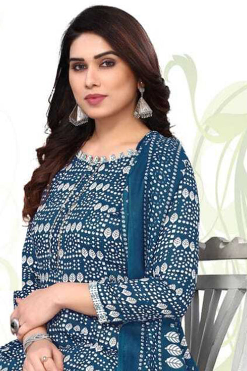 Navy Blue Cotton Blend Printed Unstitched Salwar Suit Material