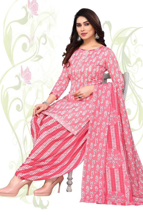 Light Pink & White Cotton Blend Printed Unstitched Salwar Suit Material