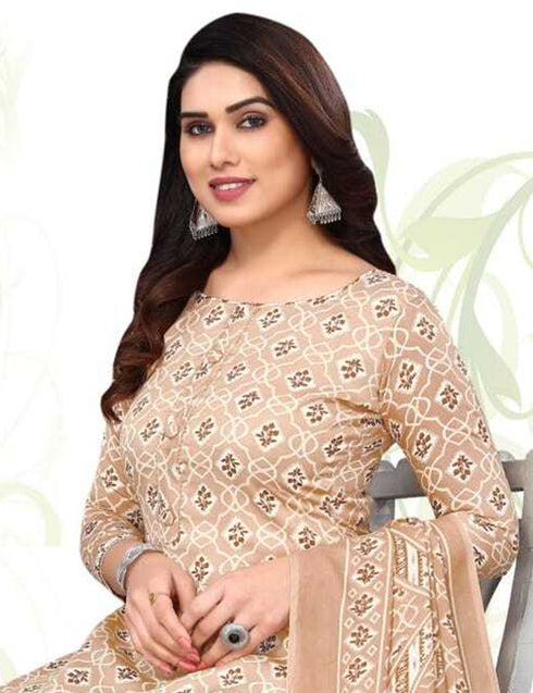 Beige Cotton Blend Printed Unstitched Salwar Suit Material