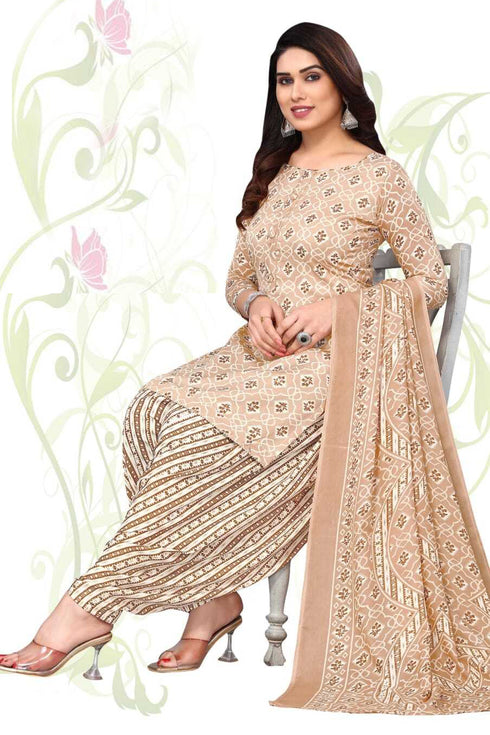 Beige Cotton Blend Printed Unstitched Salwar Suit Material