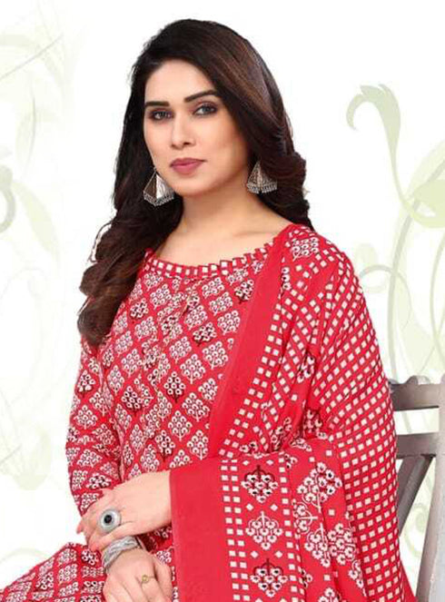 Red & White Cotton Blend Printed Unstitched Salwar Suit Material