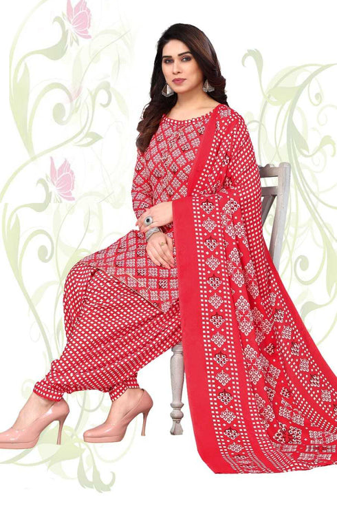 Red & White Cotton Blend Printed Unstitched Salwar Suit Material