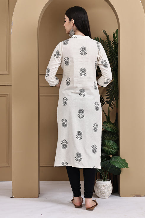 Beige Khadi Cotton Jaipuri Printed Kurti