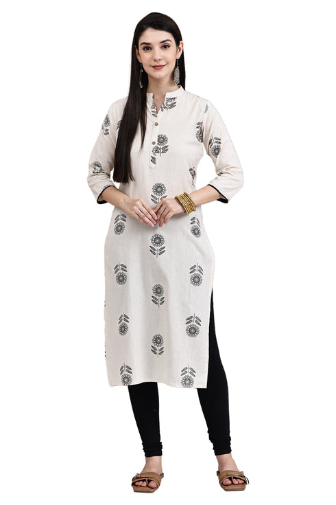 Beige Khadi Cotton Jaipuri Printed Kurti