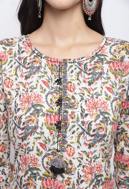 White Pure Cambric Cotton Jaipuri Printed Kurti