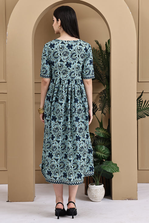 Sea Green Pure Cotton Jaipuri Printed Gown