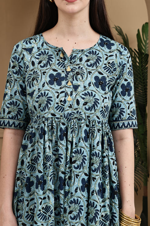 Sea Green Pure Cotton Jaipuri Printed Gown