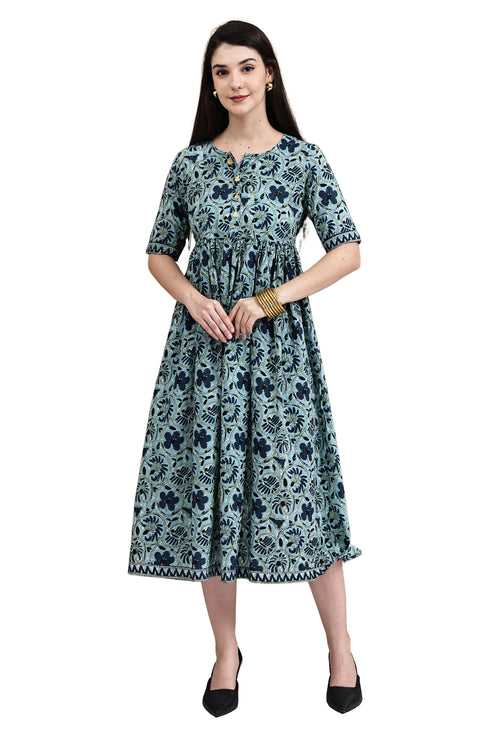 Sea Green Pure Cotton Jaipuri Printed Gown