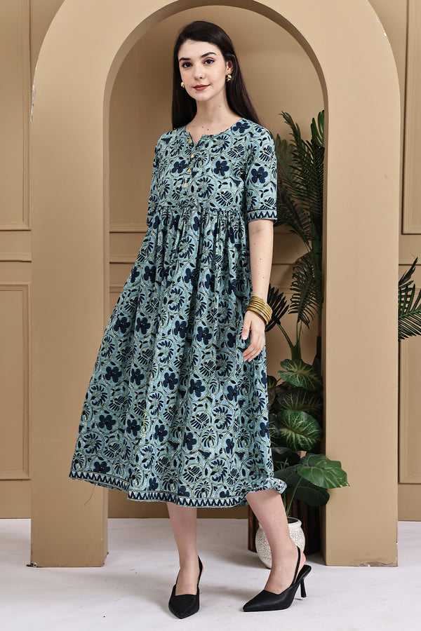 Sea Green Pure Cotton Jaipuri Printed Gown