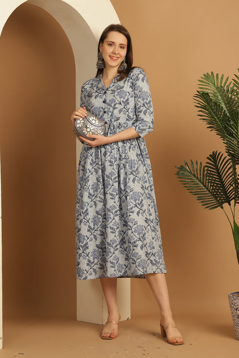 Light Blue Pure Cotton Floral Printed Gown
