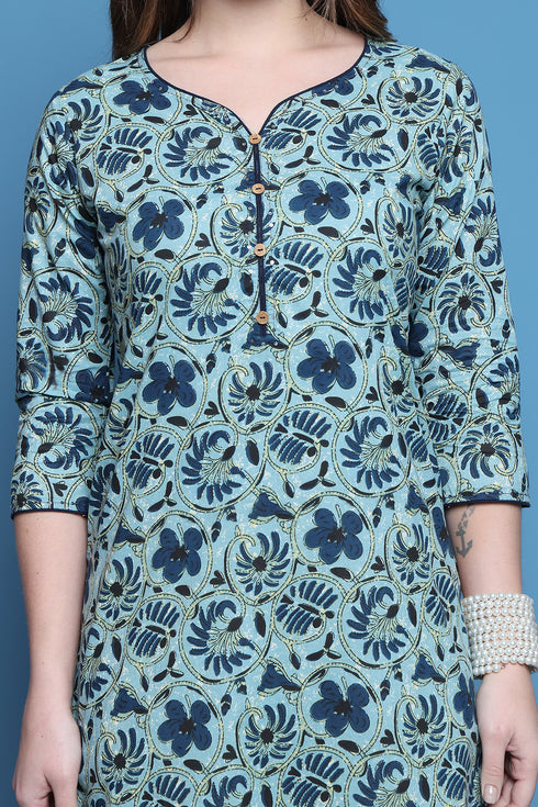 Sea Green Pure Cotton Printed Kurti For Women