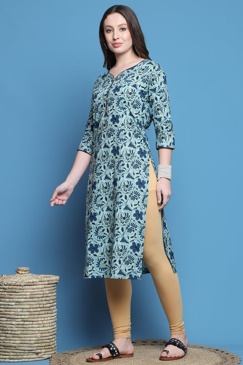Sea Green Pure Cotton Printed Kurti For Women