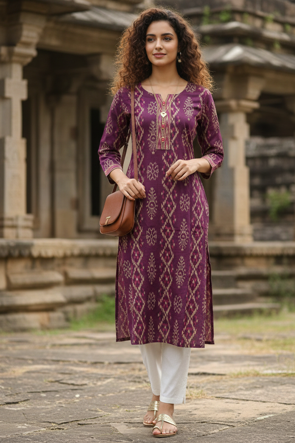 Wine Cotton Jaipuri Floral Printed Kurti