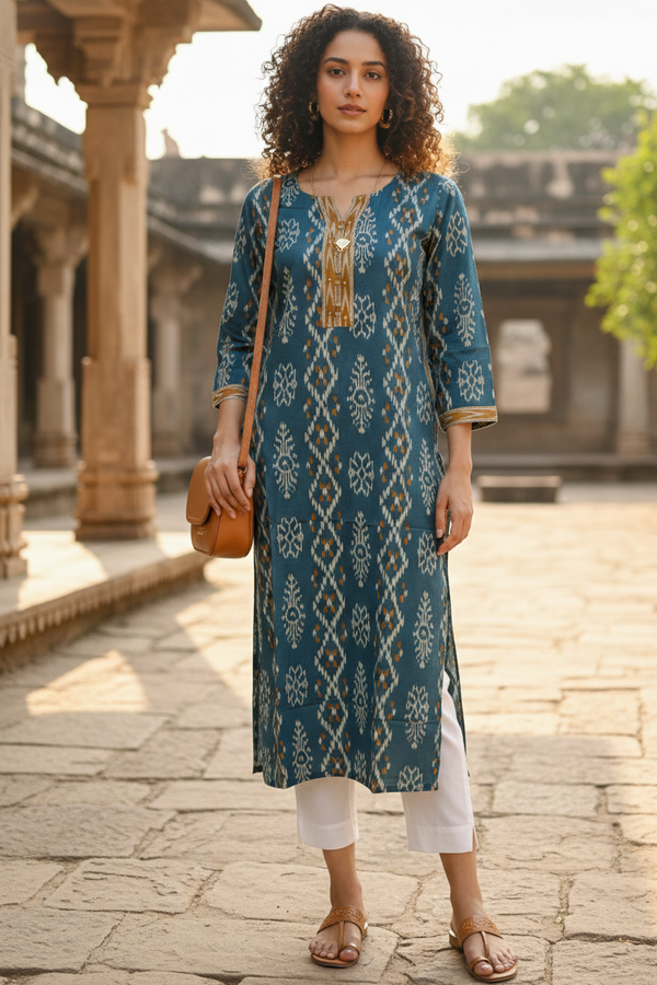 Turquoise Cotton Jaipuri Floral Printed Kurti