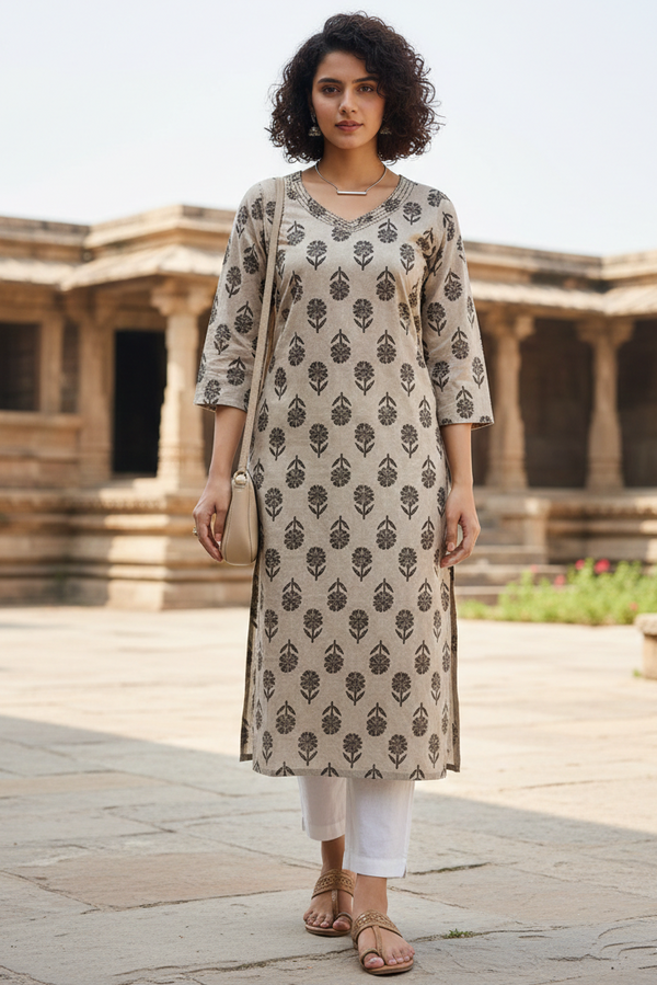 Beige Cotton Jaipuri Floral Printed Kurti