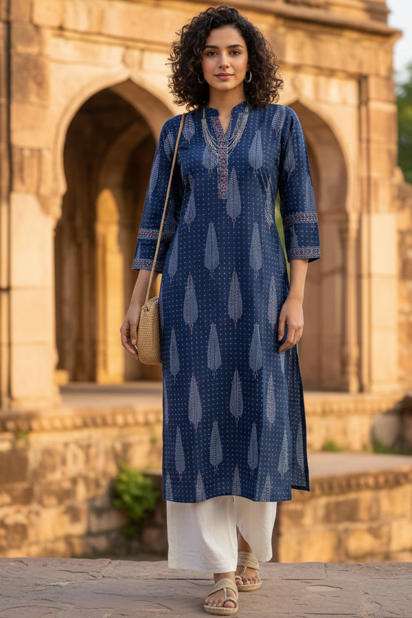 Blue Cotton Jaipuri Floral Printed Kurti