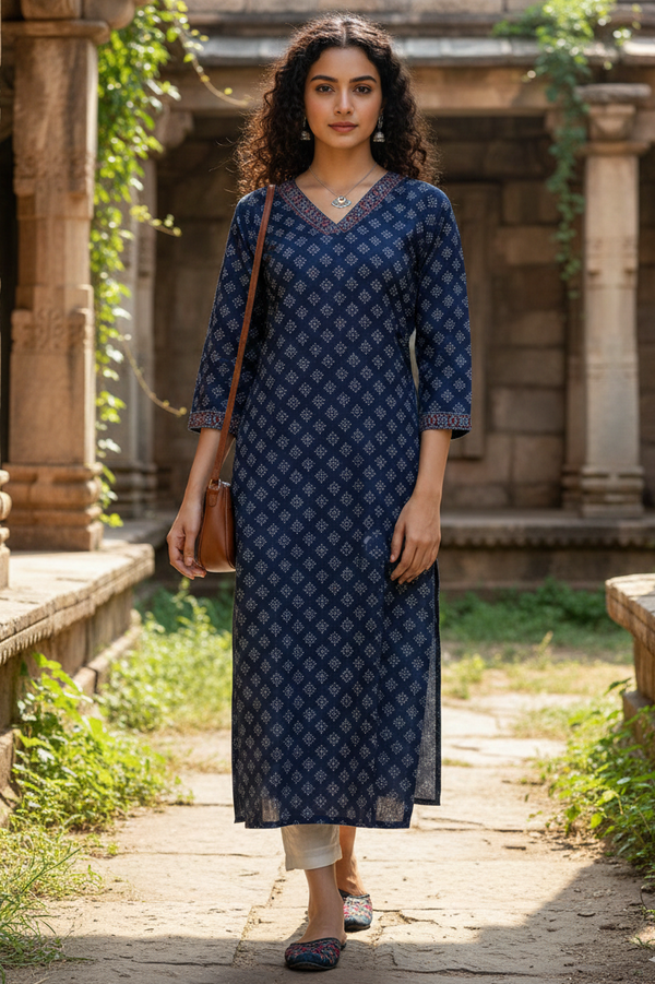 Blue Cotton Jaipuri Floral Printed Kurti