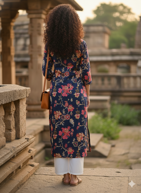 Blue Pure Cotton Jaipuri Floral Printed Kurti