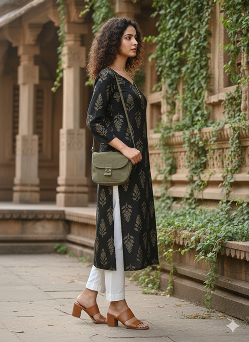 Bottle Green Pure Cotton Jaipuri Floral Printed Kurti