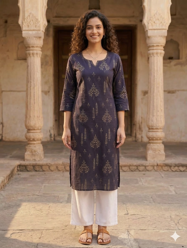 Violet Pure Cotton Jaipuri Floral Printed Kurti