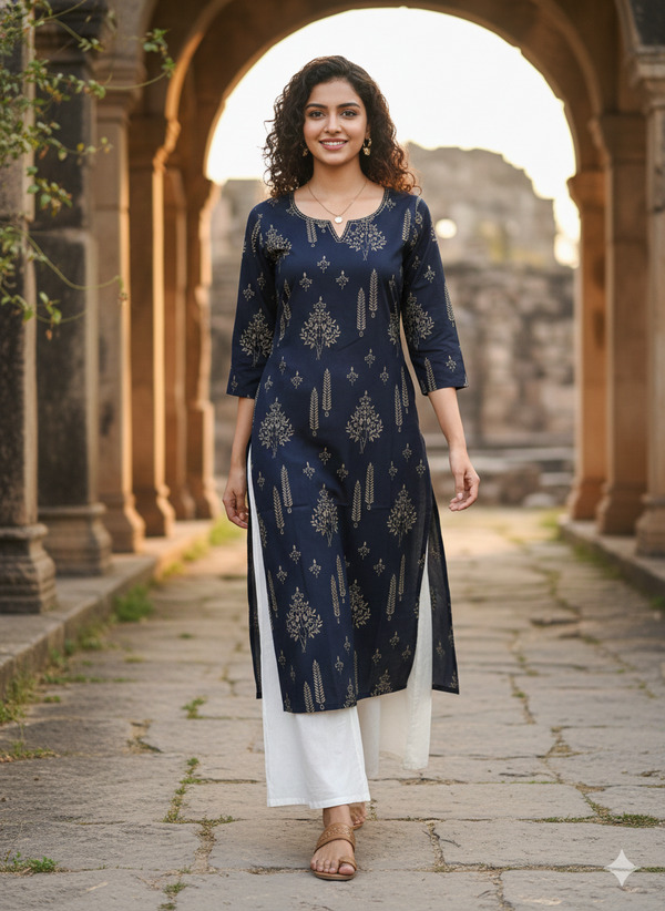 Navy Blue Pure Cotton Jaipuri Floral Printed Kurti