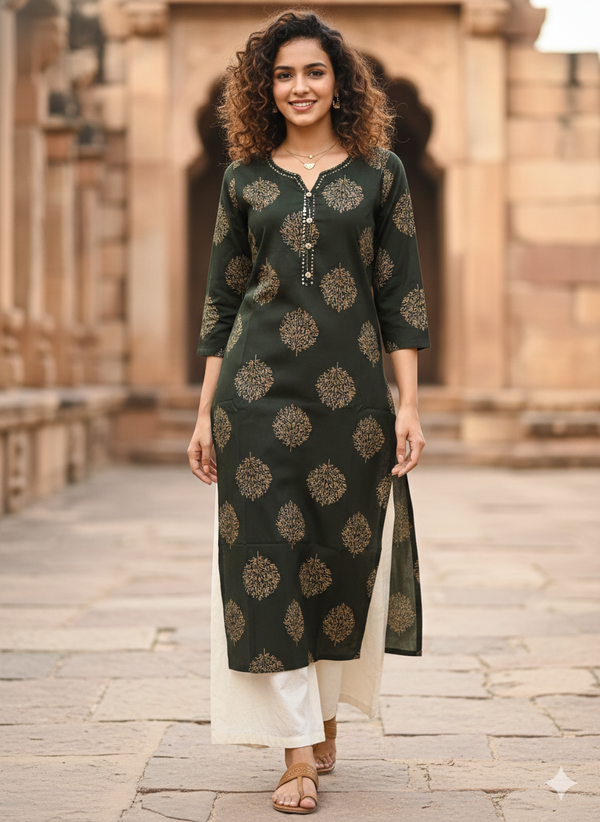 Mahendi Green Pure Cotton Jaipuri Floral Printed Kurti