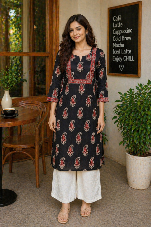 Black Pure Cotton Floral Printed Kurti