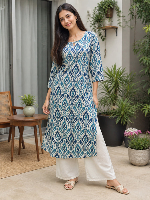 Blue & Beige Pure Cotton Floral Printed Kurti