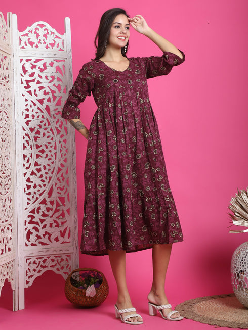 Wine Pure Cotton Floral Printed Western Dress