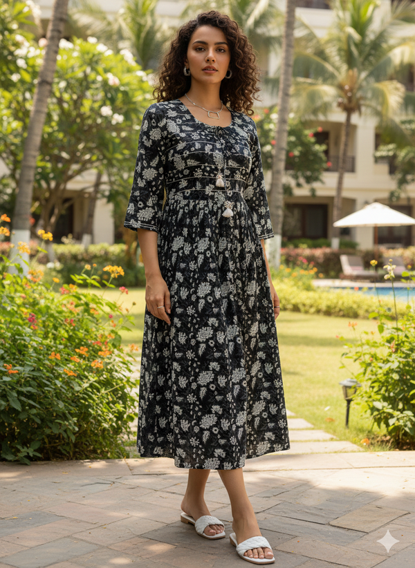 Black & White Pure Cotton Floral Printed Western Dress