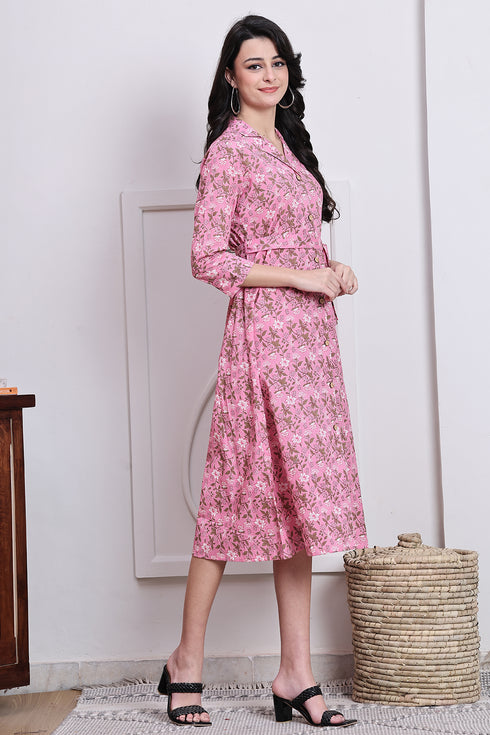 Pink Women's Pure Cotton Floral Printed Western Dress
