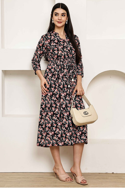 Midnight Blossom Elegance Jaipuri Printed Western Dress