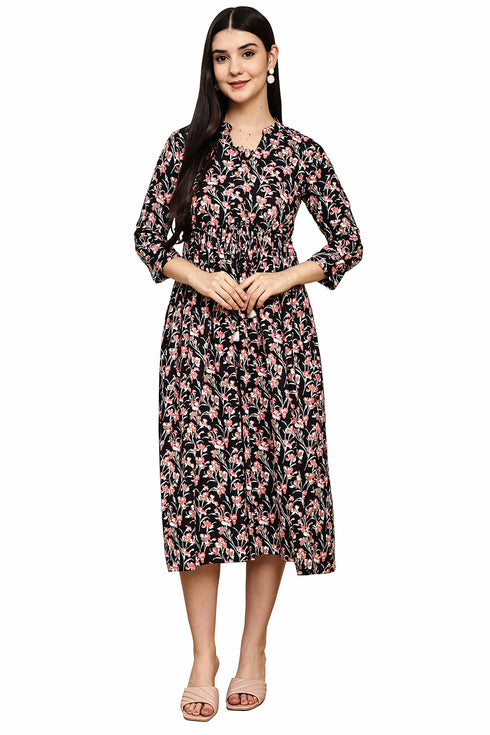 Midnight Blossom Elegance Jaipuri Printed Western Dress