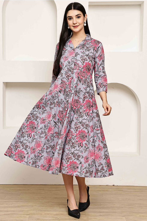 Serene Grey Floral Jaipuri Printed Western Dress