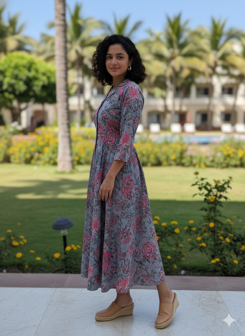 Serene Grey Floral Jaipuri Printed Western Dress